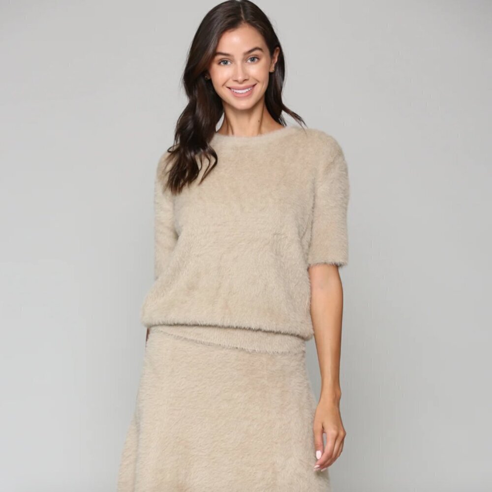 Joh Cashmere Shannon Light Brown Eyelash Knit Short Sleeve Sweater M